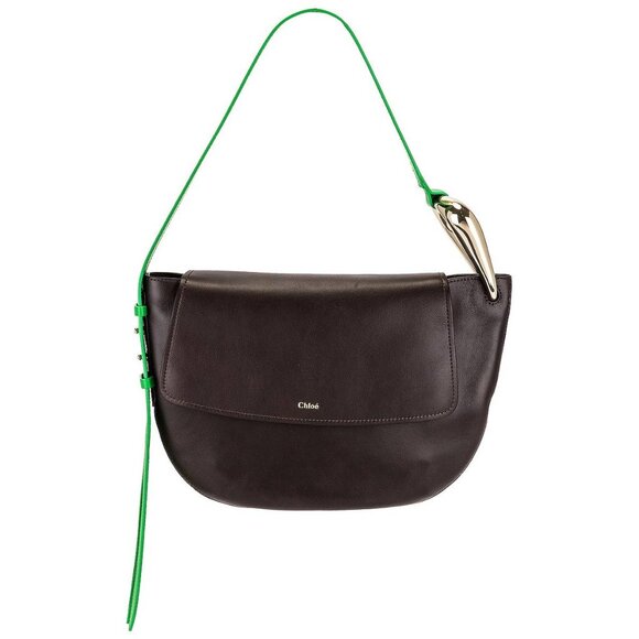 Chloe Kiss Off Brown Leather Green-Strap Shoulder Bag - Picture 1 of 12